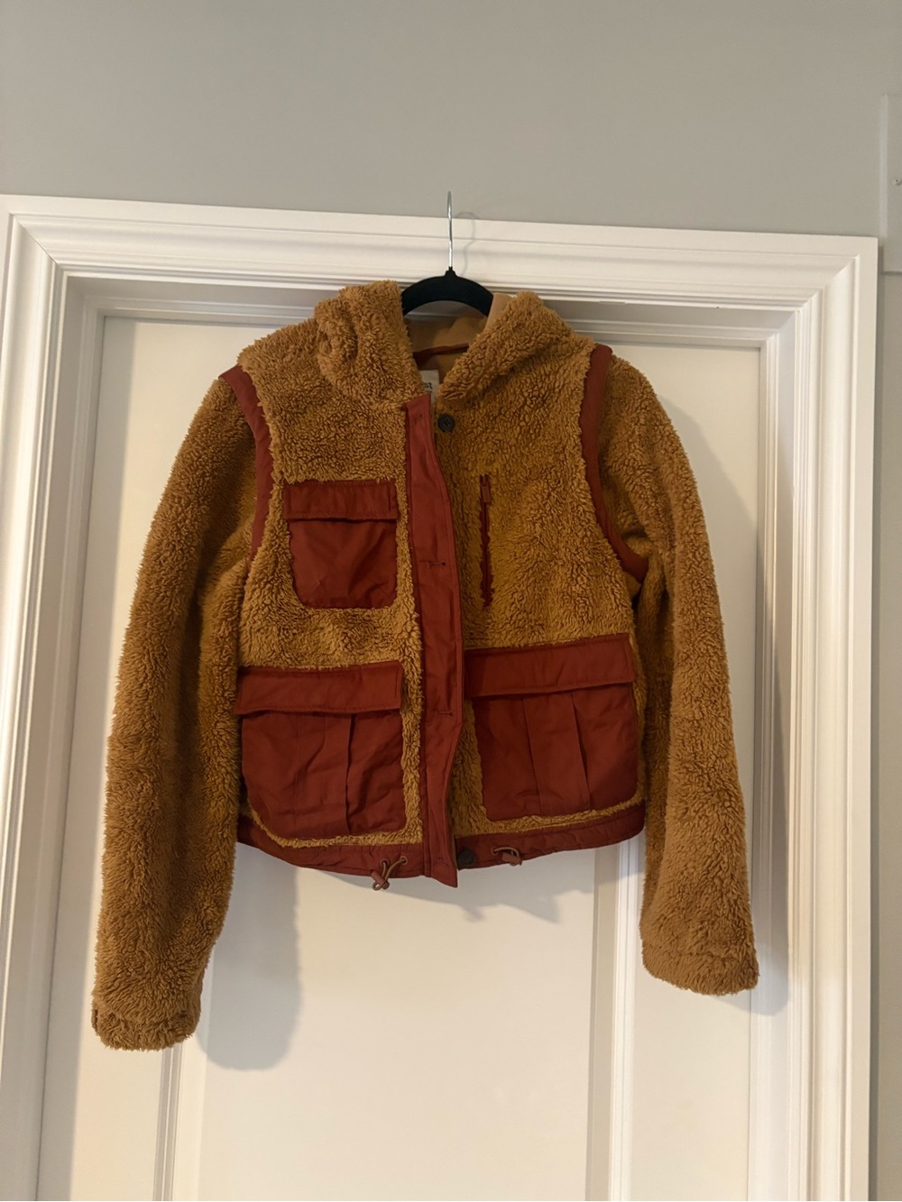 UpWest Woman’s Hooded Sherpa Jacket in Camel and Rust